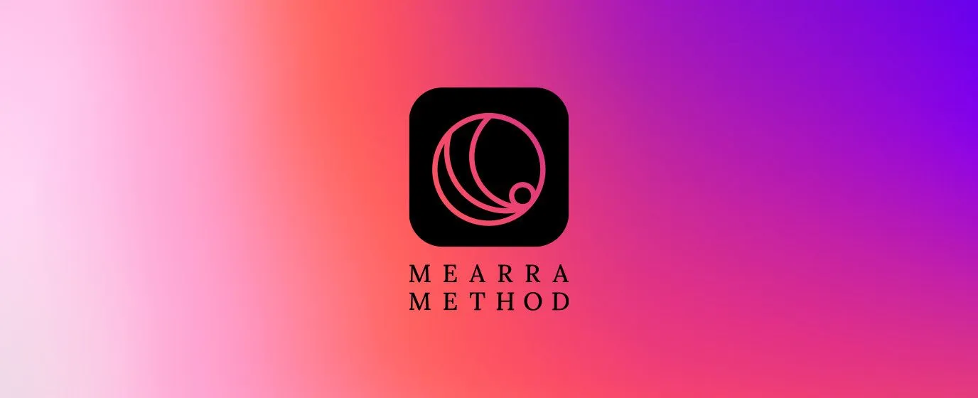 Mearra Method logo featuring a circular spiral design in pink on black square background
