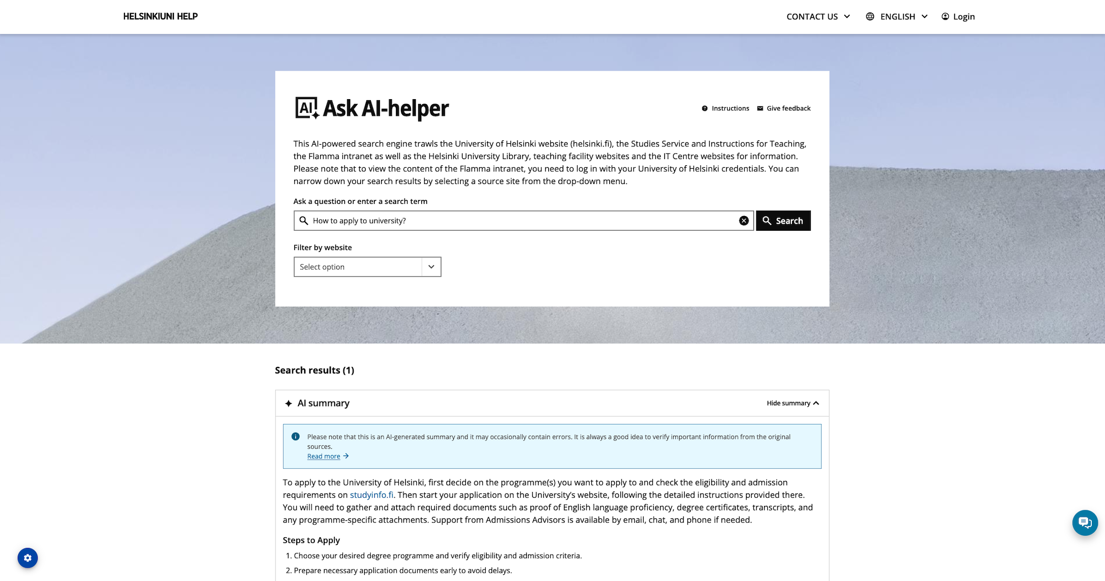 AI-powered search interface for University of Helsinki with search results about applying to university.