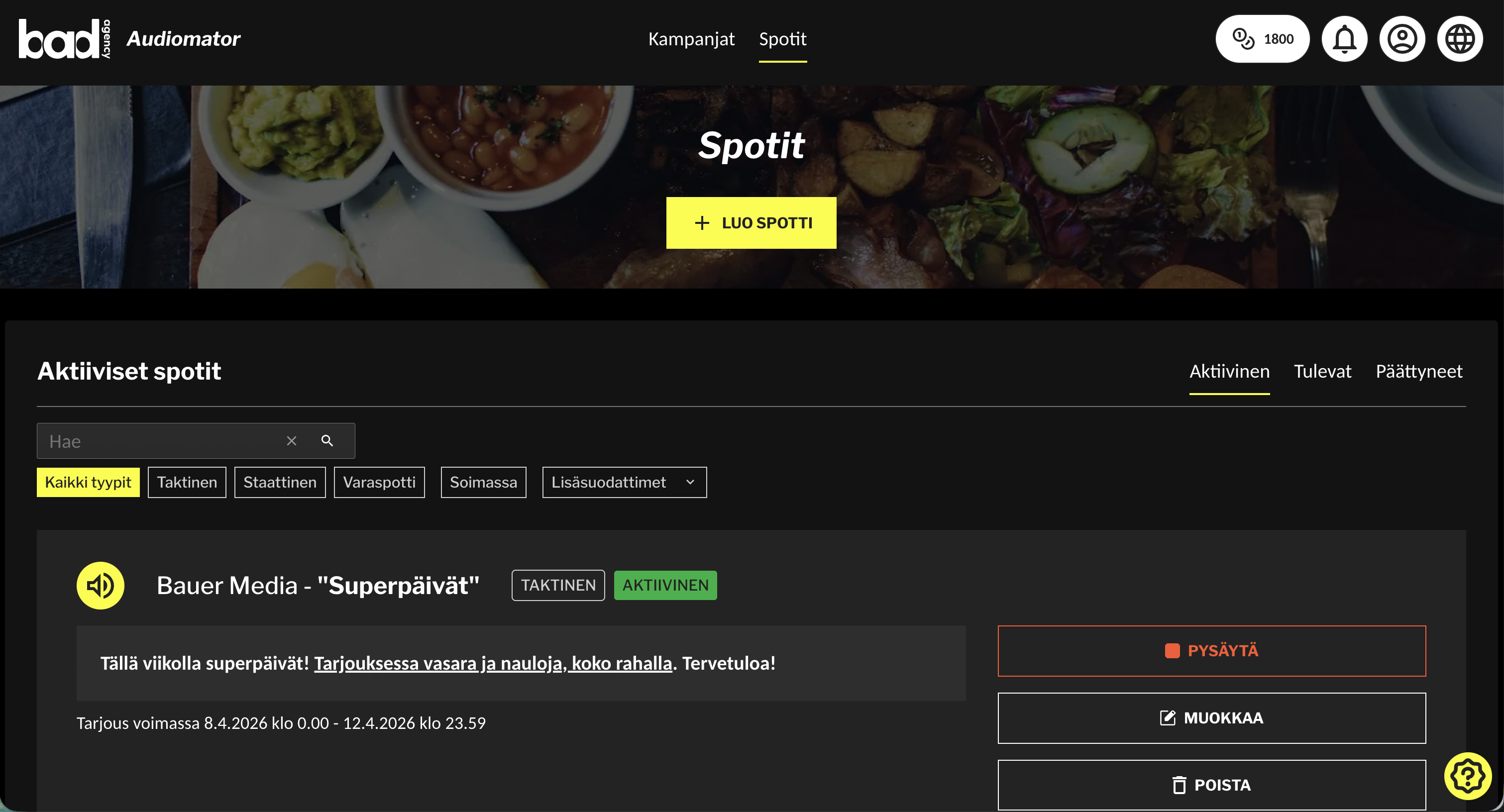 Finnish food promotion page showing active spots with Bauer Media 'Superpäivät' event details and filters.