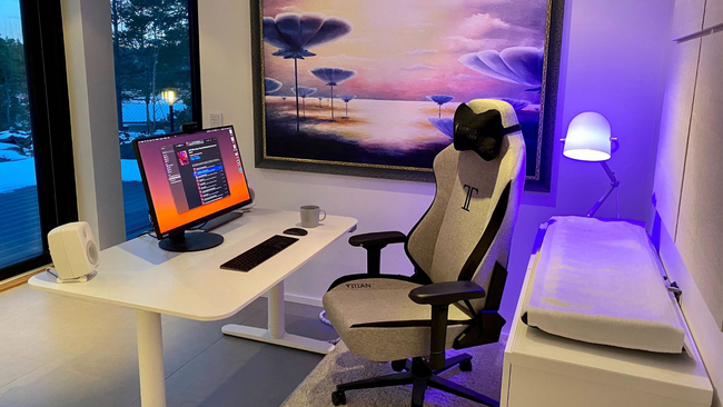 Remote work setup, including height adjustable table.