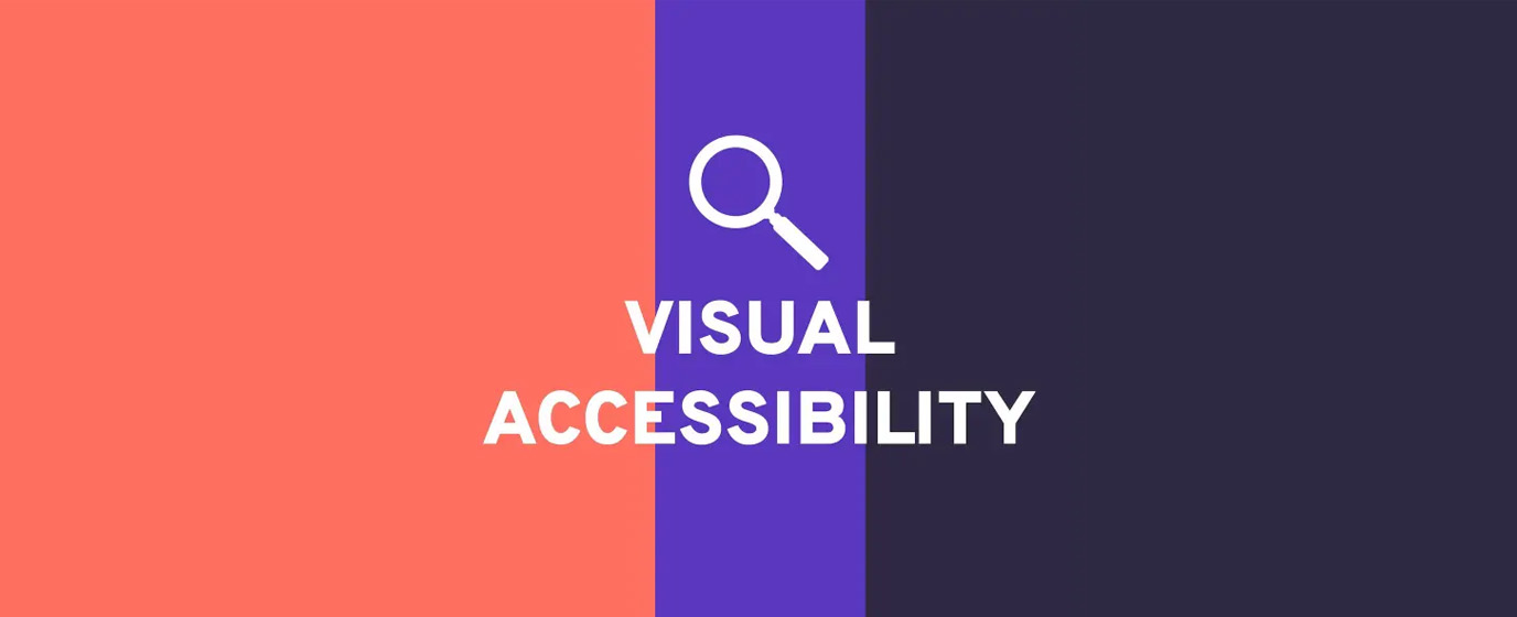 Magnifier icon and text "Visual accessibility" on a tricolor background.