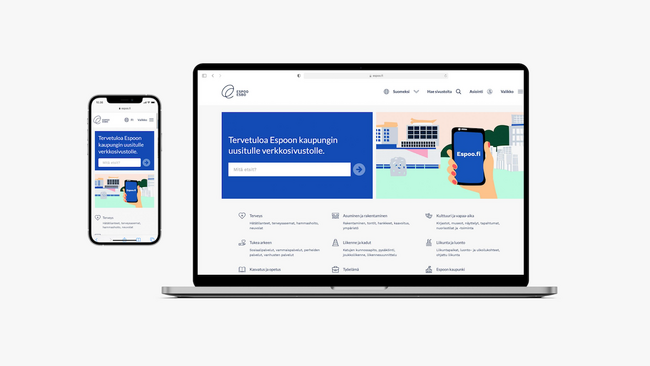 Espoo.fi website on mobile and laptop screen.