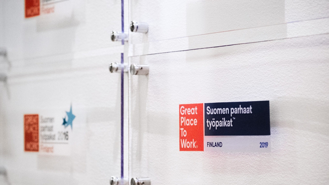 Great Place to Work -certificates on a wall