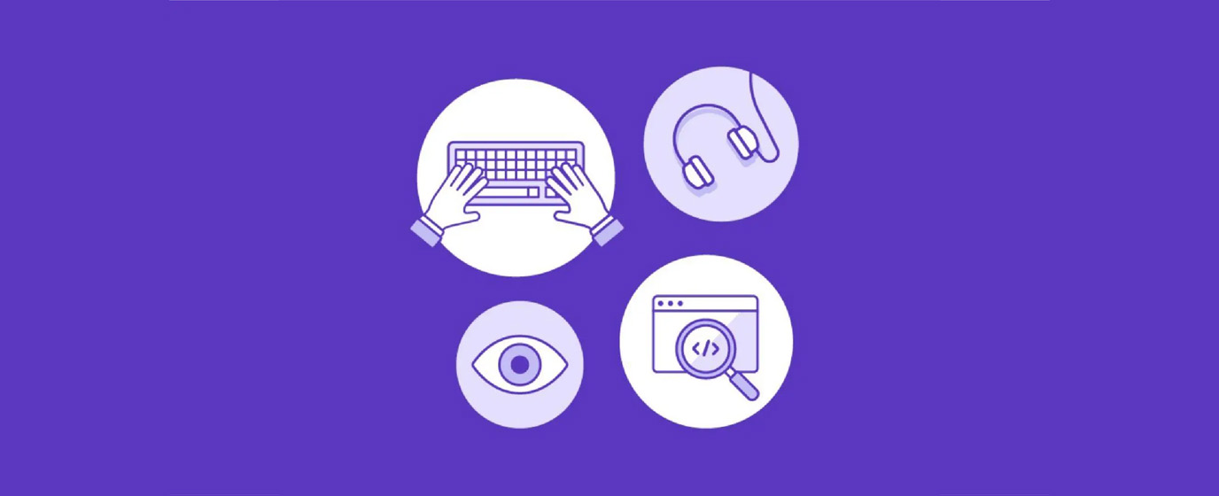 Illustration of keyboard, headphones, magnifying glass and eye on dark purple background.