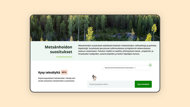 Desktop view of Tapio AI and metsänhoidon suositukset