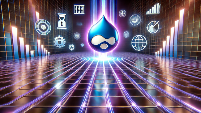 Drupal Droplet logo and icons representing data, security, dashboards and optimizing