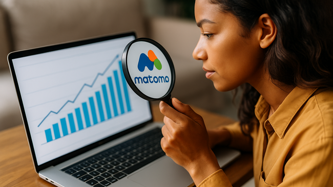 A person looking at a computer screen with a magnifying lens with a Matomo logo in it