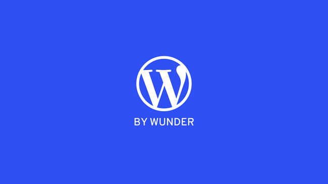 White WordPress logo and below that text by Mearra in white with blue background