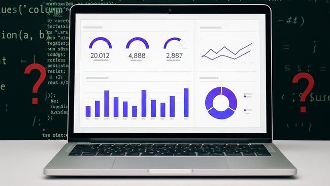 Uncomprehensible code in the background and laptop with easy to read dashboard in the center of the image