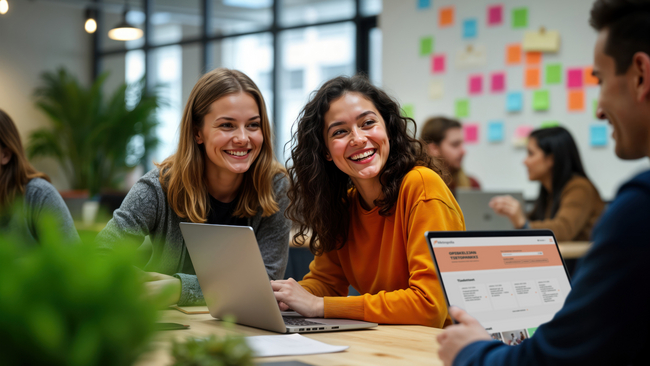 Kolme nuorta hyväntuulisina ja vuorovaikutuksessa keskenään. Yhdellä henkilöistä on tietokoneella auki Opiskelijan tietopankki -sivusto